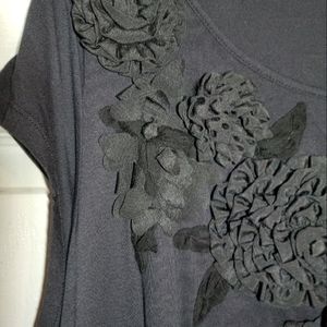 Navy blue floral design, leggings length top.